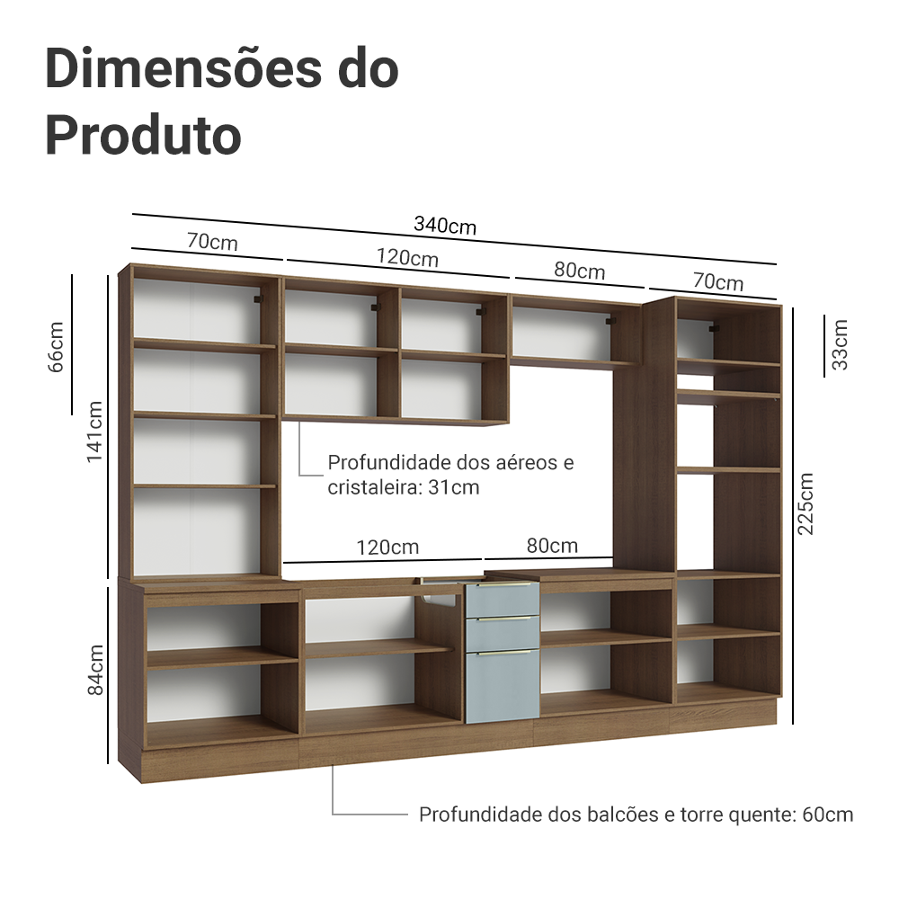 Armário de Cozinha Completa 340 x 60 cm Rustic/Cinza Lux Madesa 02