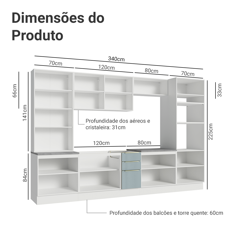 Armário de Cozinha Completa 340 x 60 cm Branco/Cinza Lux Madesa 02