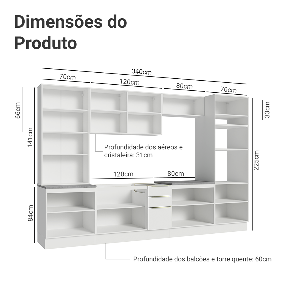 Armário de Cozinha Completa 340 x 60 cm Branco/Branco Veludo Lux Madesa 02