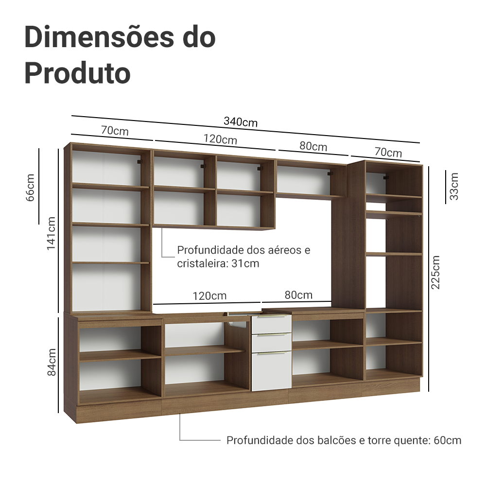 Armário de Cozinha Completa 340 x 60 cm Rustic/Branco Veludo Lux Madesa 02