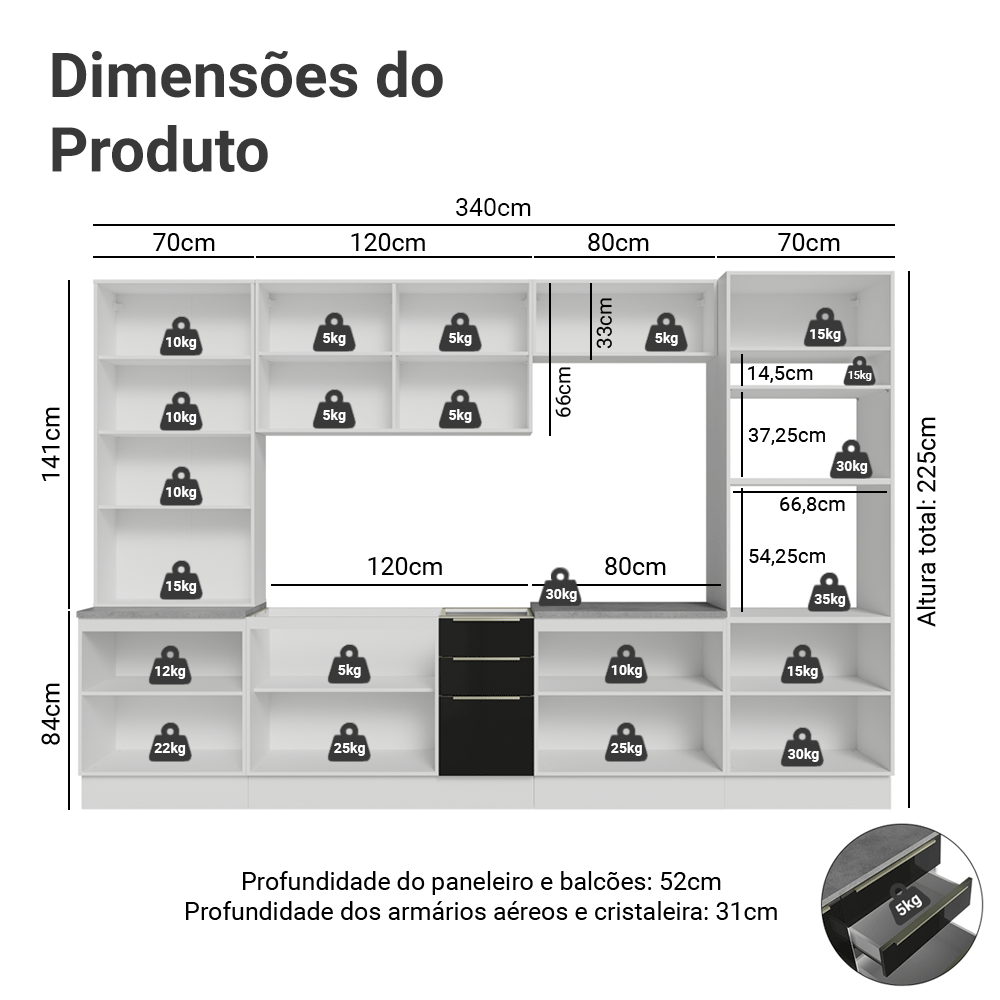 Armário de Cozinha Completa 340 cm Branco/Preto Lux Madesa 03