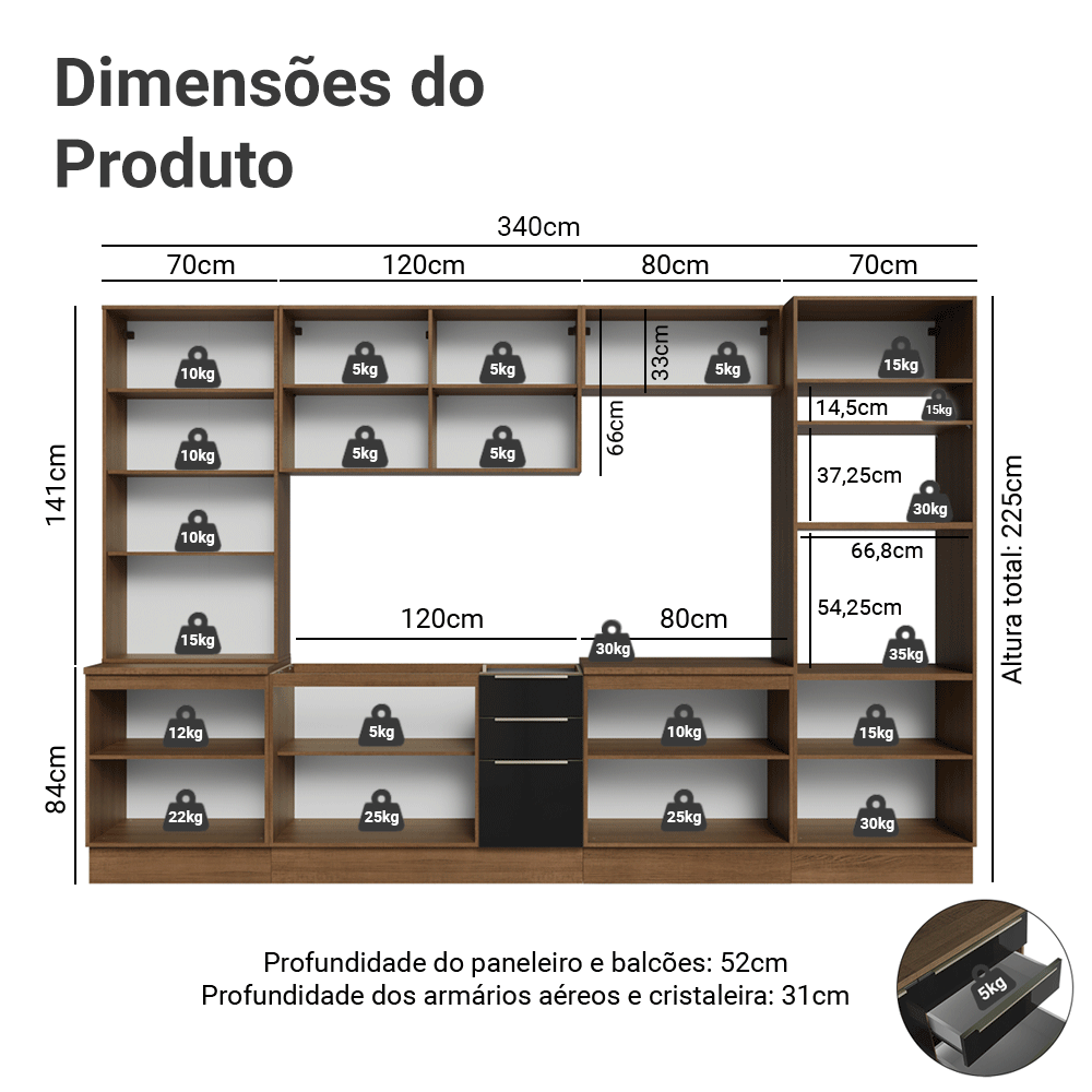 Armário de Cozinha Completa 340 cm Rustic/Preto Lux Madesa 03