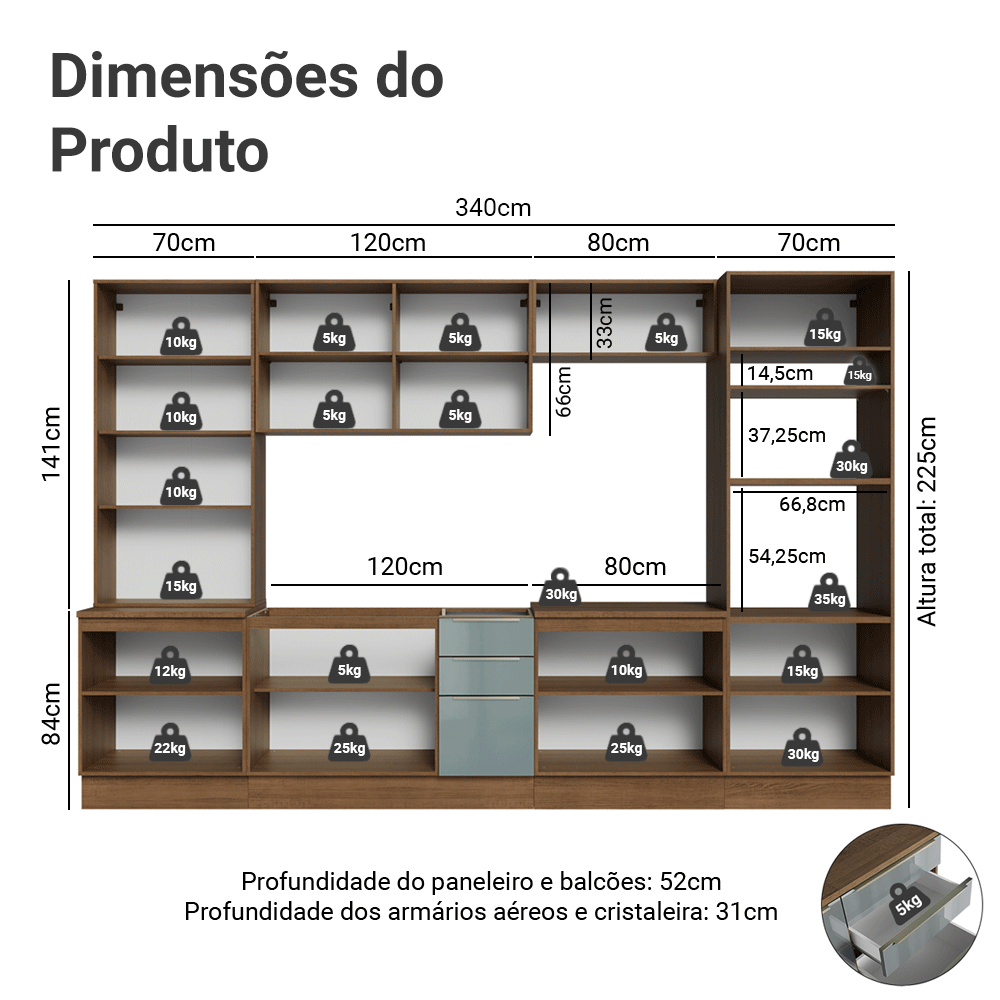 Armário de Cozinha Completa 340 cm Rustic/Cinza Lux Madesa 03
