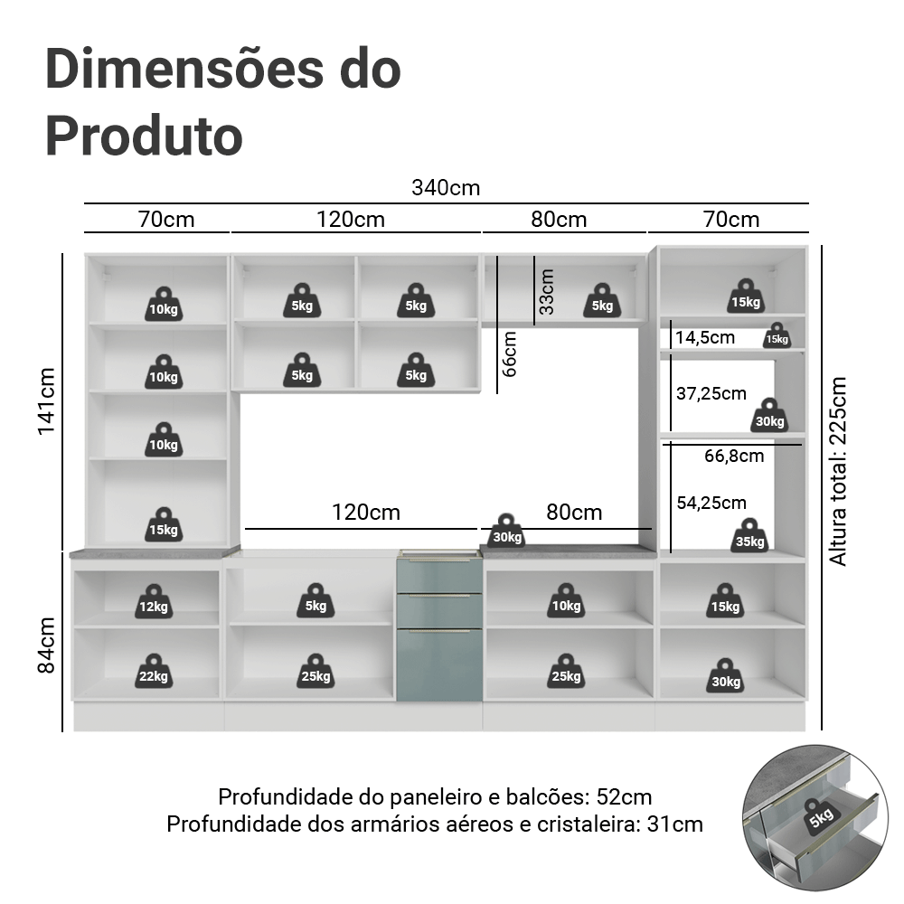 Armário de Cozinha Completa 340 cm Branco/Cinza Lux Madesa 03