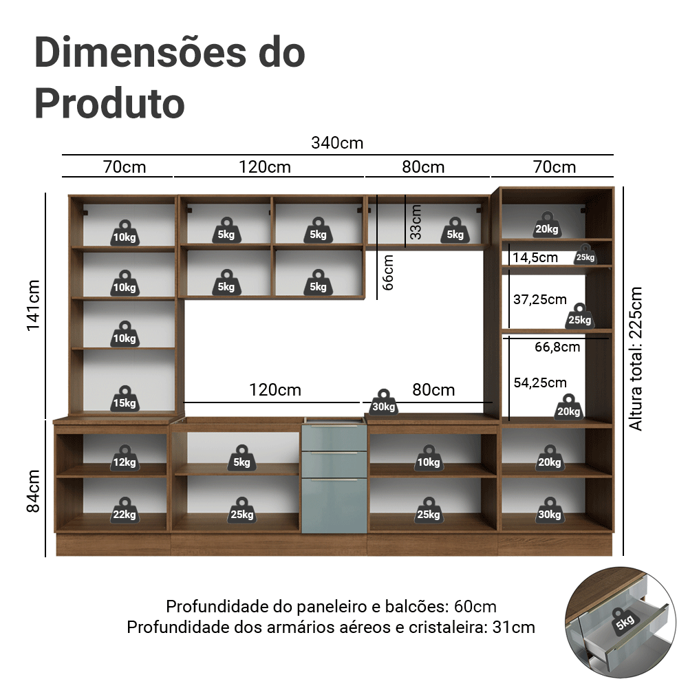 Armário de Cozinha Completa 340 x 60 cm Rustic/Cinza Lux Madesa 04