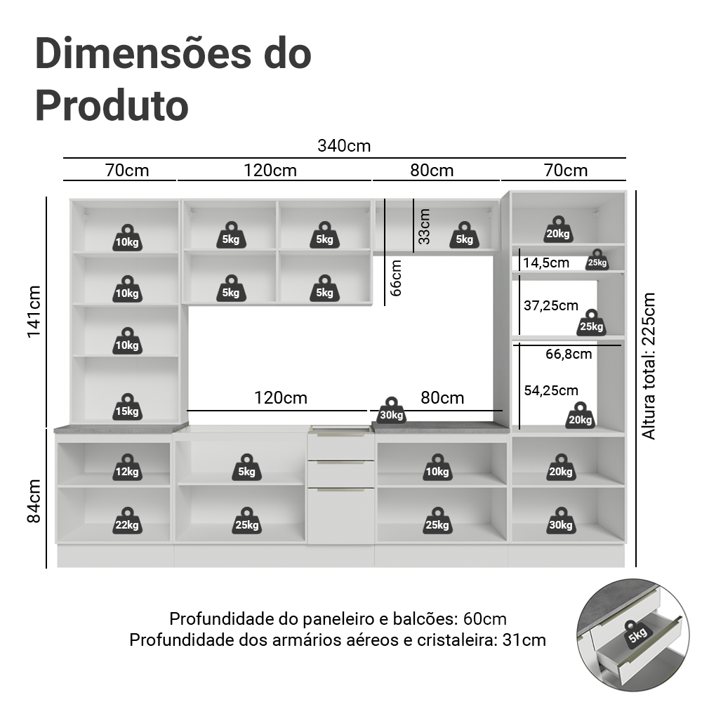 Armário de Cozinha Completa 340 x 60 cm Branco/Branco Veludo Lux Madesa 04