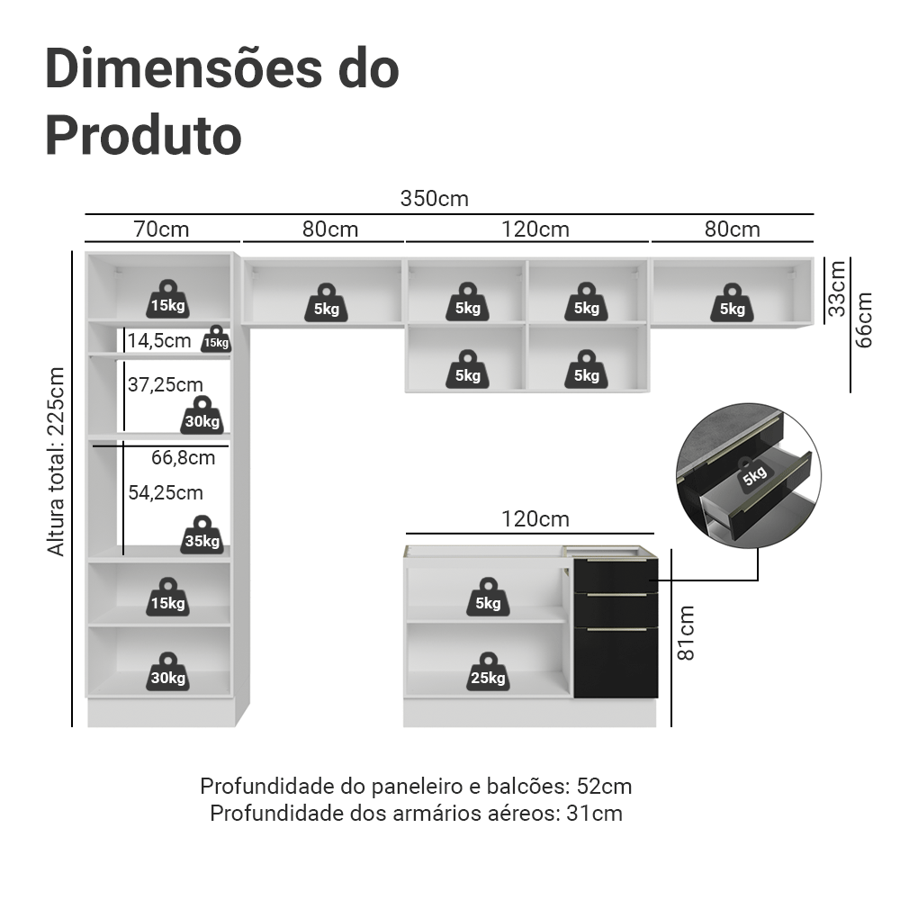 Armário de Cozinha Completa 350 cm Branco/Preto Lux Madesa 01