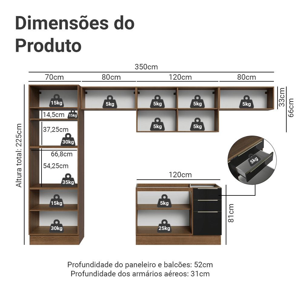 Armário de Cozinha Completa 350 cm Rustic/Preto Lux Madesa 01