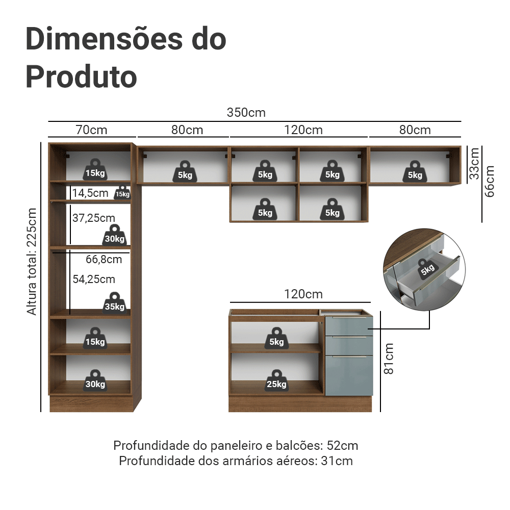 Armário de Cozinha Completa 350 cm Rustic/Cinza Lux Madesa 01