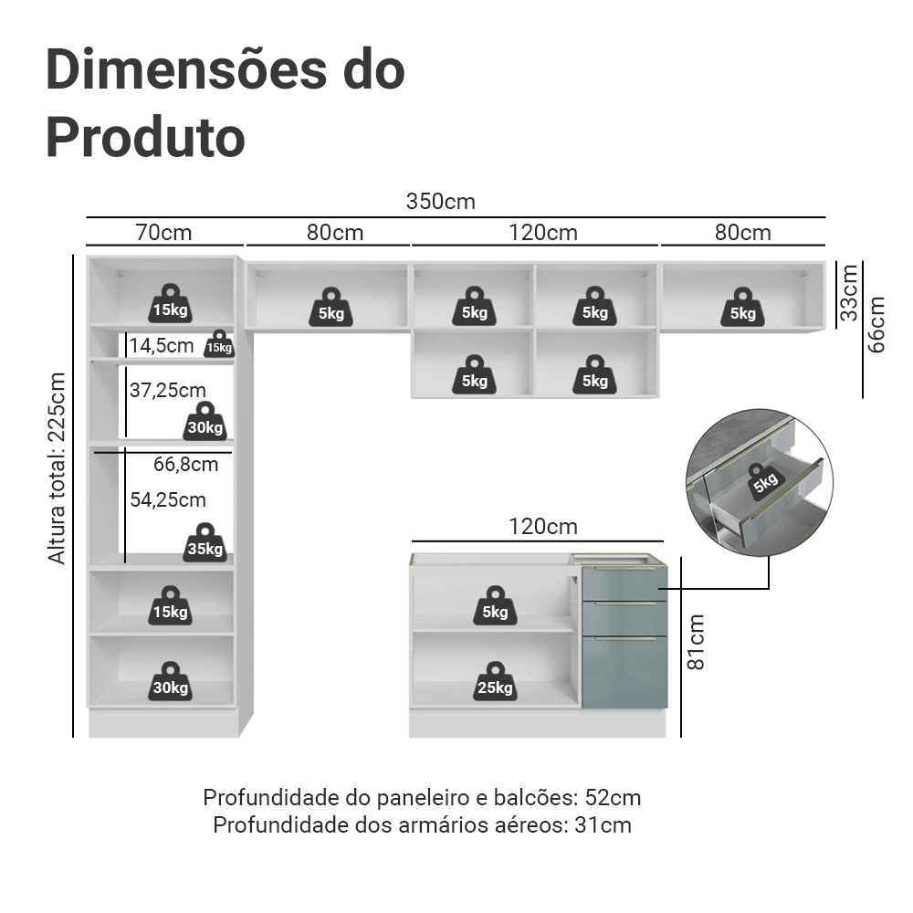 Armário de Cozinha Completa 350 cm Branco/Cinza Lux Madesa 01
