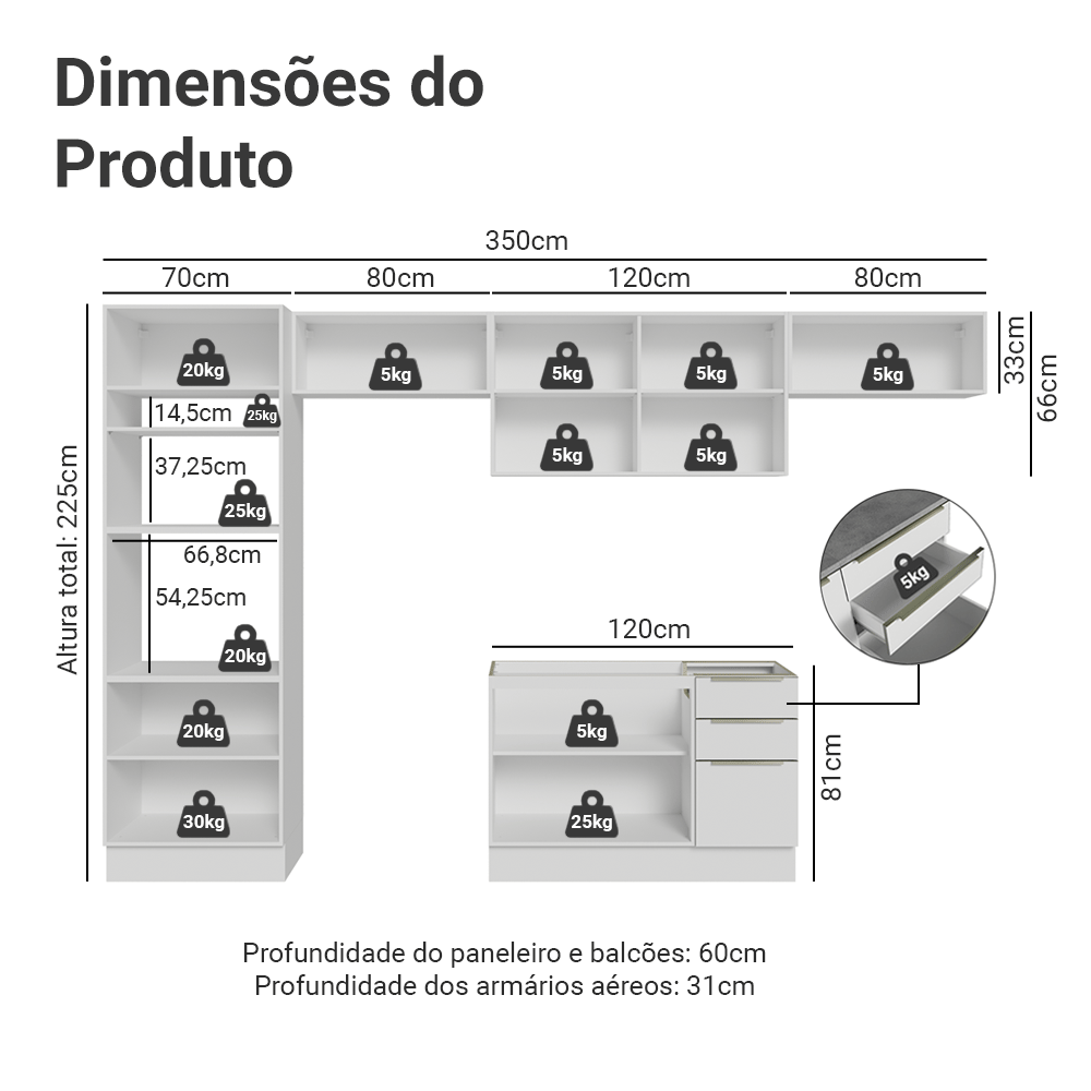 Armário de Cozinha Completa 350 x 60 cm Branco/Branco Veludo Lux Madesa 02