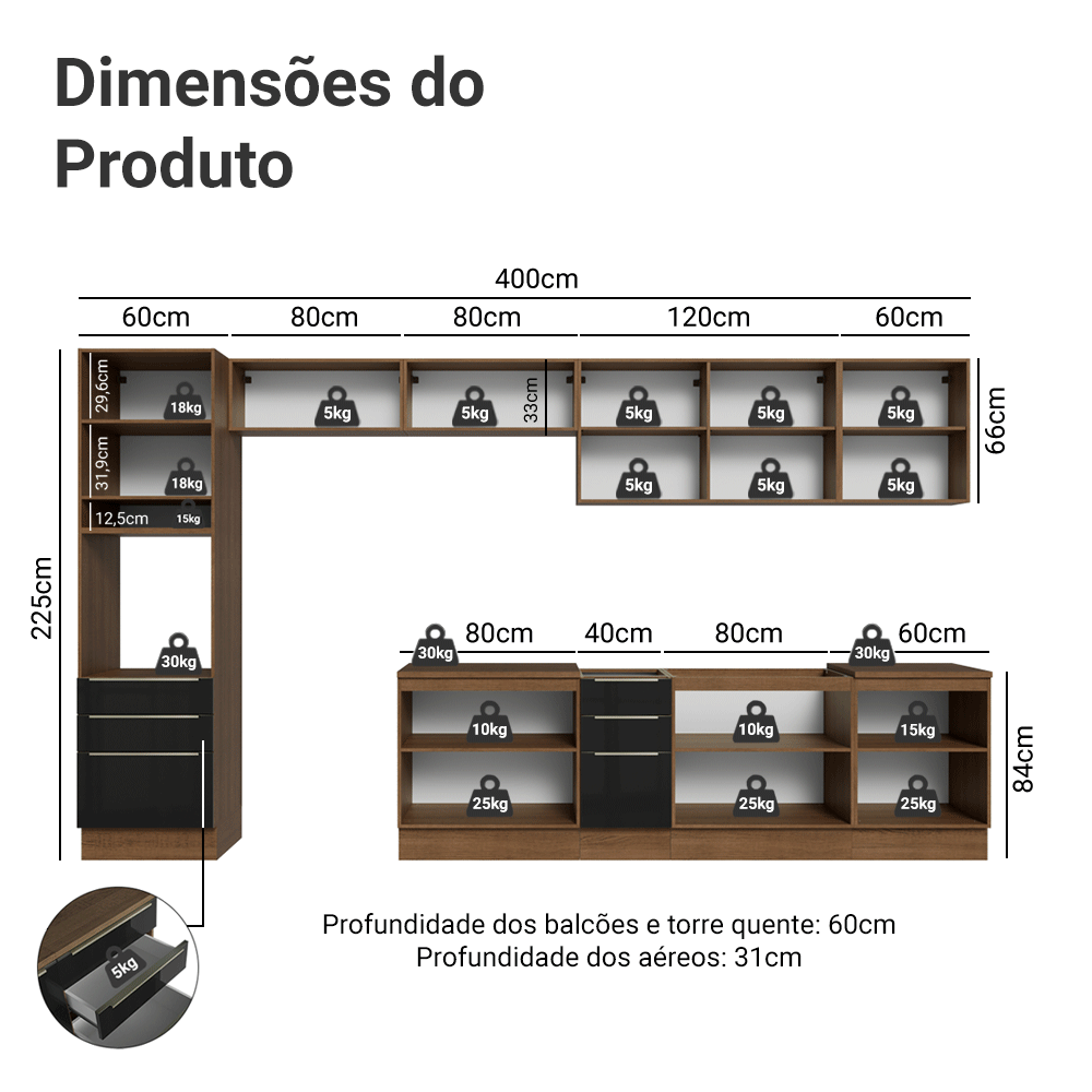 Armário de Cozinha Completa 400 x 60 cm Rustic/Preto Lux da Thauane Madesa