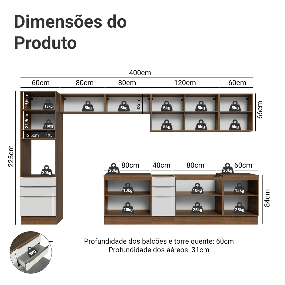 Armário de Cozinha Completa 400 x 60 cm Rustic/Branco Veludo Lux da Thauane Madesa