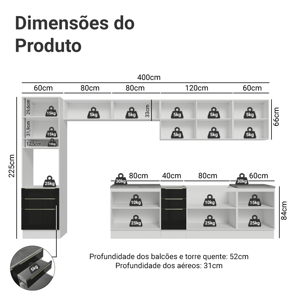 Armário de Cozinha Completa 400 cm Branco/Preto Lux Madesa 02