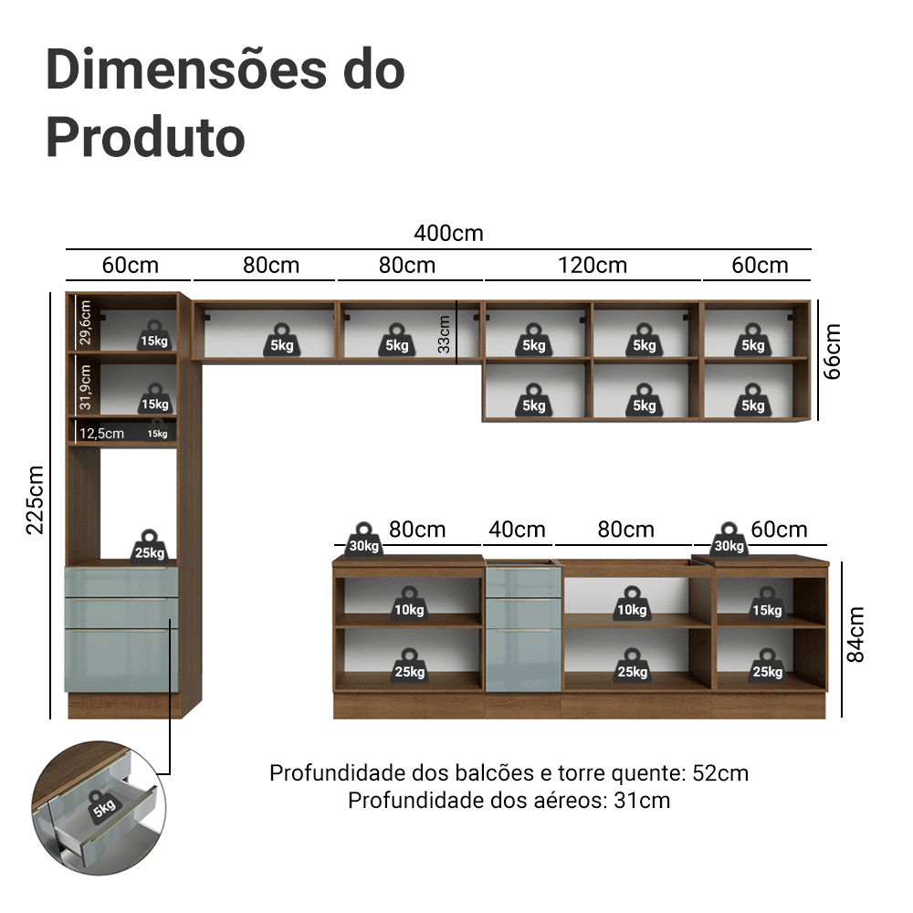 Armário de Cozinha Completa 400 cm Rustic/Cinza Lux Madesa 02