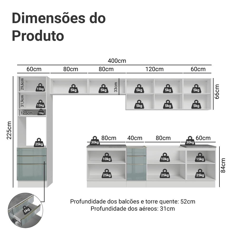 Armário de Cozinha Completa 400 cm Branco/Cinza Lux Madesa 02