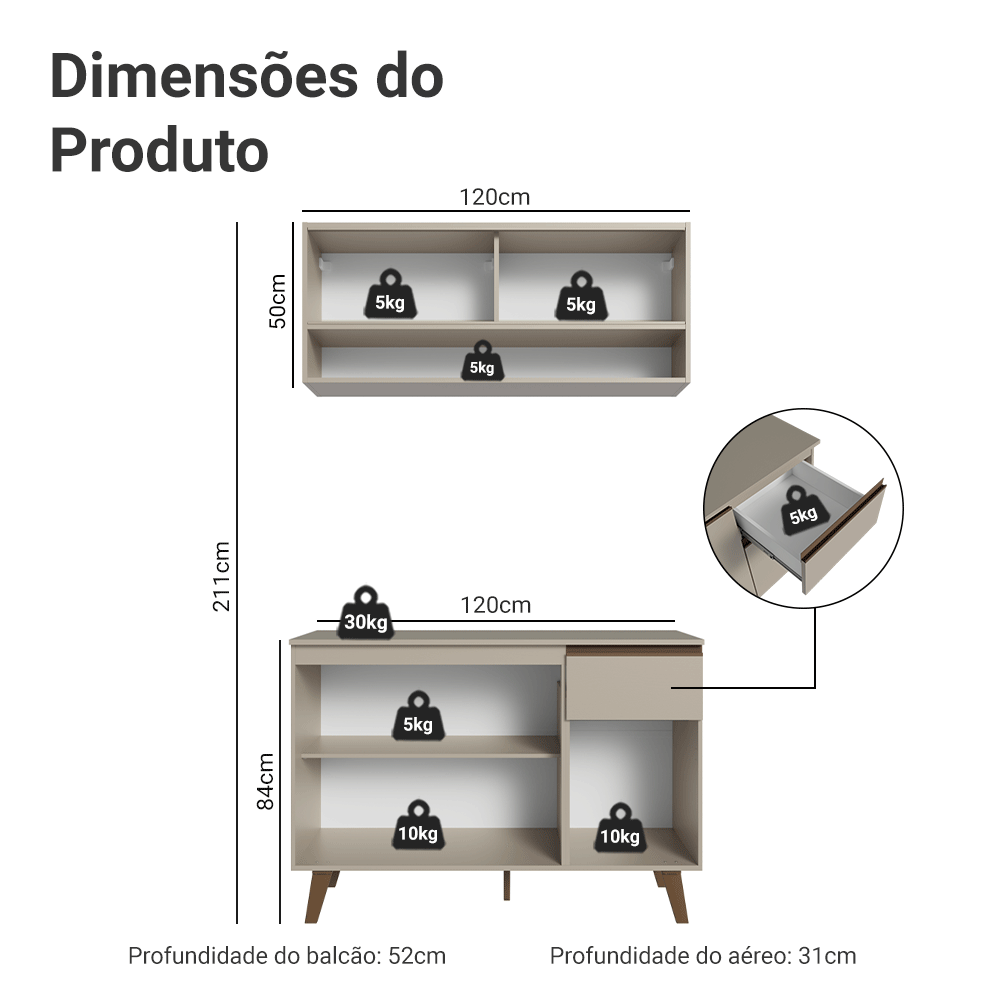 Armário de Cozinha Compacta 120 cm Crema Nice Madesa 02