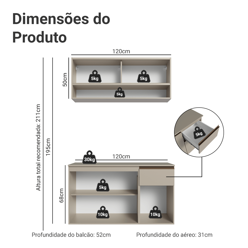 Armário de Cozinha Compacta 120 cm Suspensa Crema Nice Madesa 04