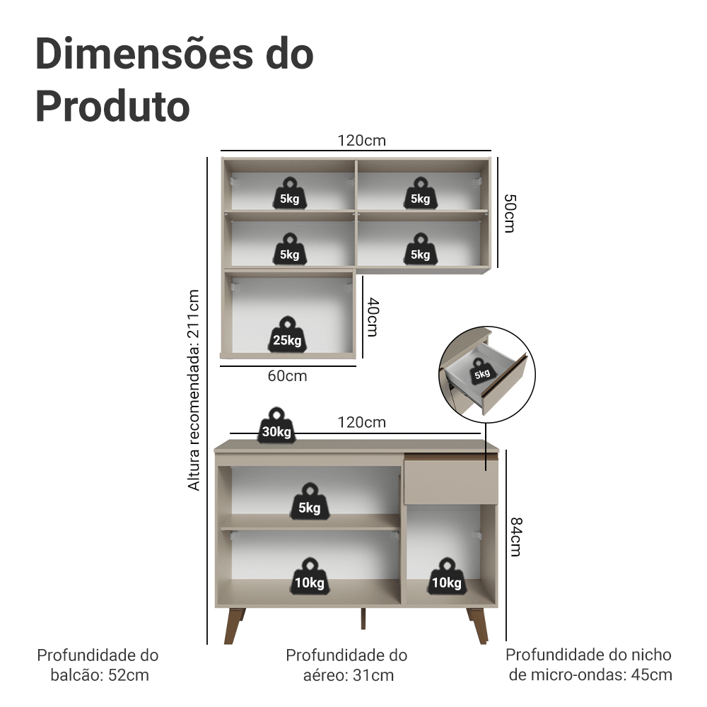 Armário de Cozinha Compacta 120 cm Crema Nice Madesa 05