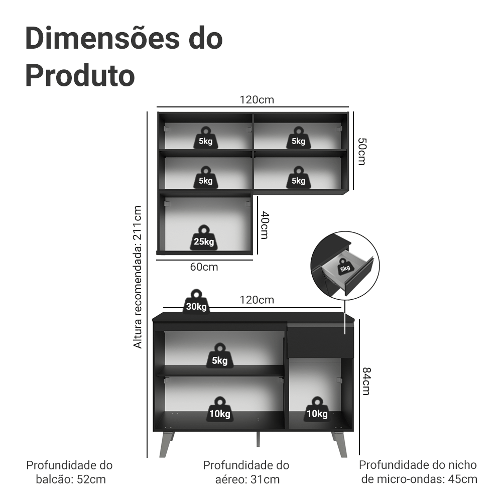 Armário de Cozinha Compacta 120 cm Preto Nice Madesa 05