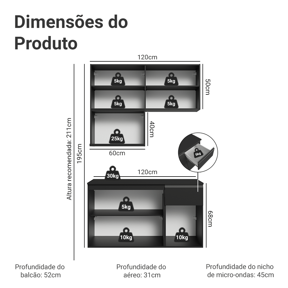 Armário de Cozinha Compacta 120 cm Suspenso Preto Nice Madesa 06