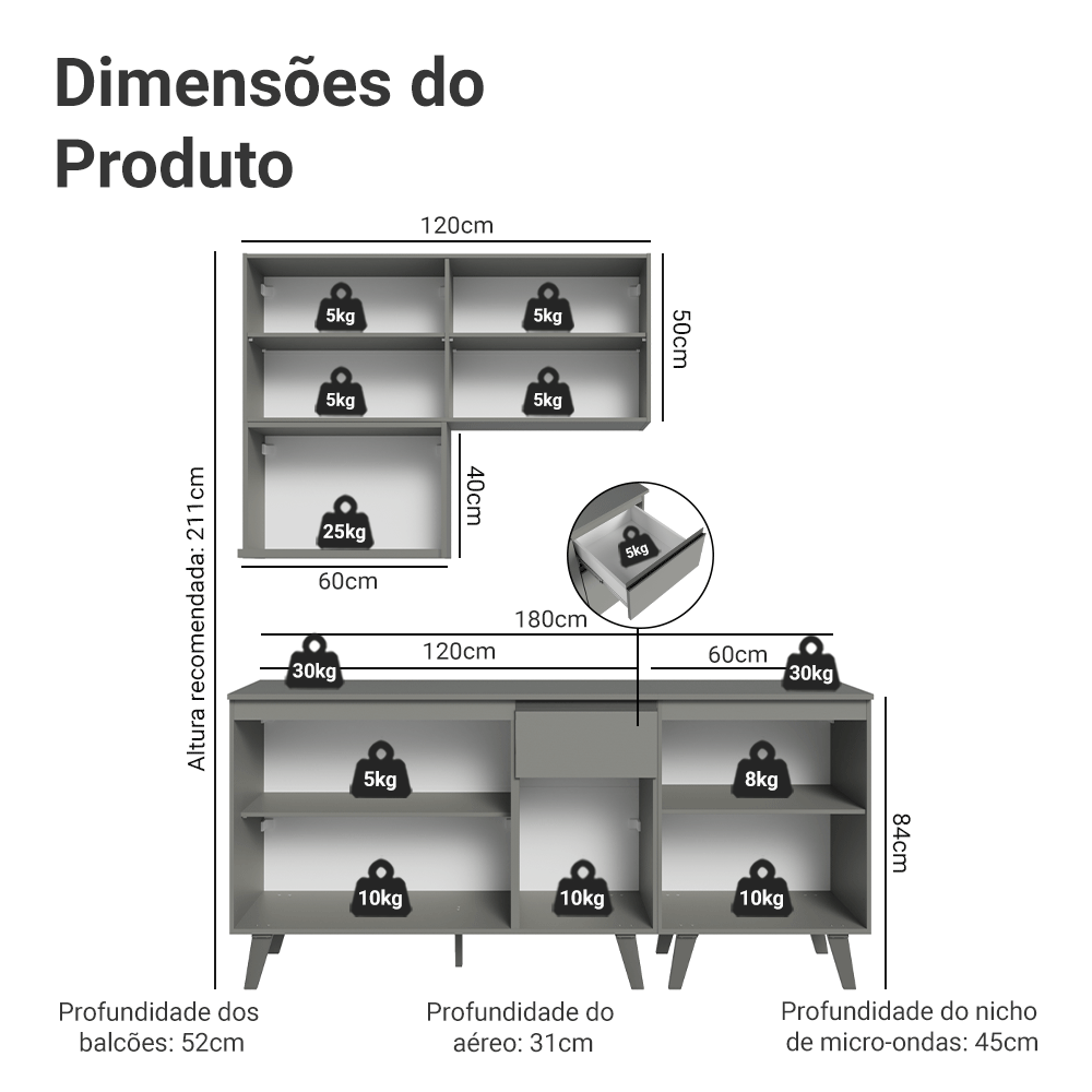Armário de Cozinha Compacta 180 cm Cinza Nice Madesa 02