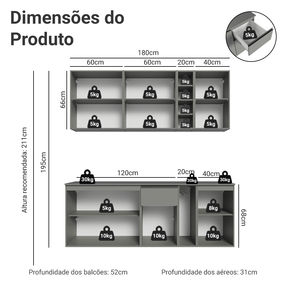 Armário de Cozinha Compacta 180 cm Suspenso Cinza Nice Madesa 04