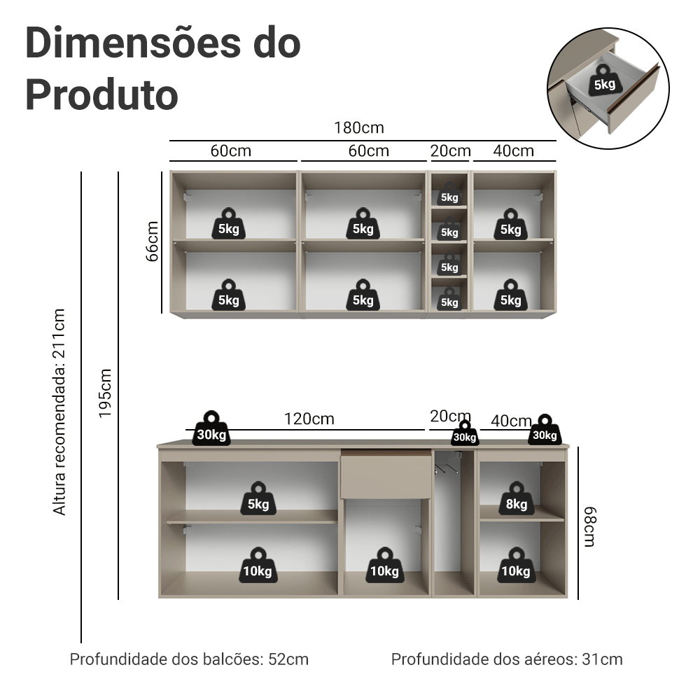 Armário de Cozinha Compacta 180 cm Suspenso Crema Nice Madesa 04