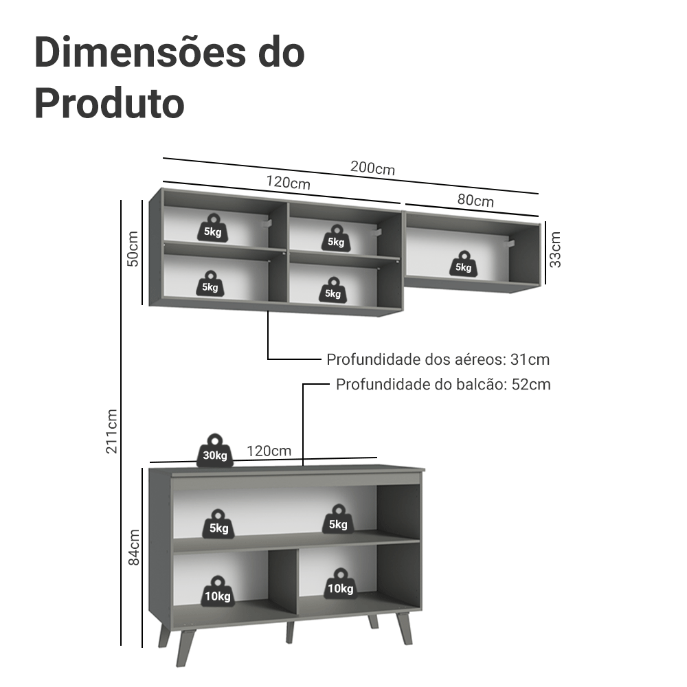 Armário de Cozinha Compacta 200cm Cinza Nice Madesa 01