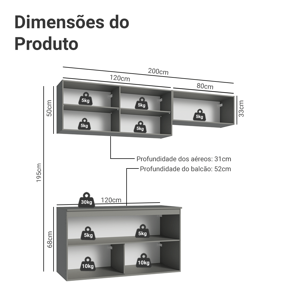 Armário de Cozinha Compacta Suspenso 200cm Cinza Nice Madesa 02