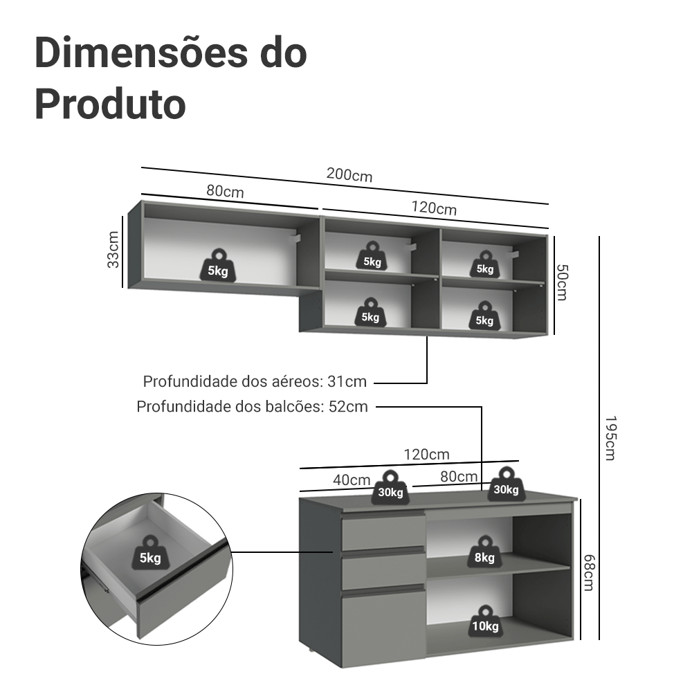 Armário de Cozinha Compacta Suspenso 200cm Cinza Nice Madesa 05