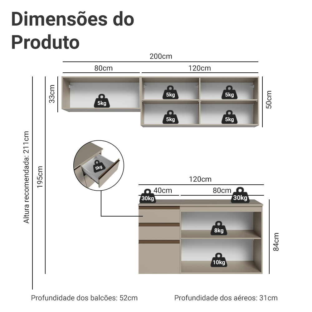 Armário de Cozinha Compacta Suspensa 200 cm Crema Nice Madesa 05