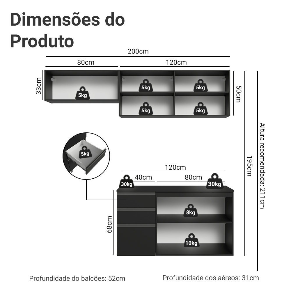 Armário de Cozinha Compacta 200 cm Suspenso Preto Nice Madesa 05
