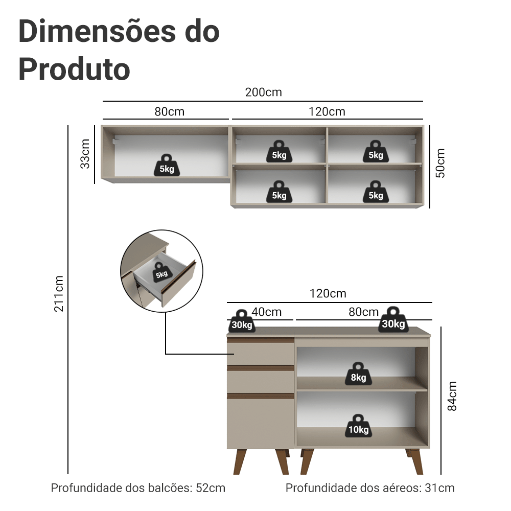 Armário de Cozinha Compacta 200 cm Crema Nice Madesa 06