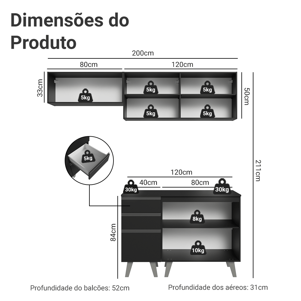 Armário de Cozinha Compacta 200 cm Preto Nice Madesa 06