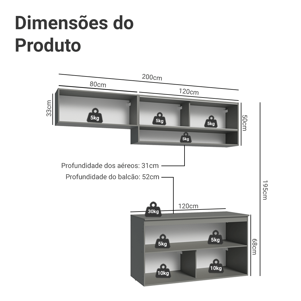 Armário de Cozinha Compacta Suspenso 200cm Cinza Nice Madesa 07