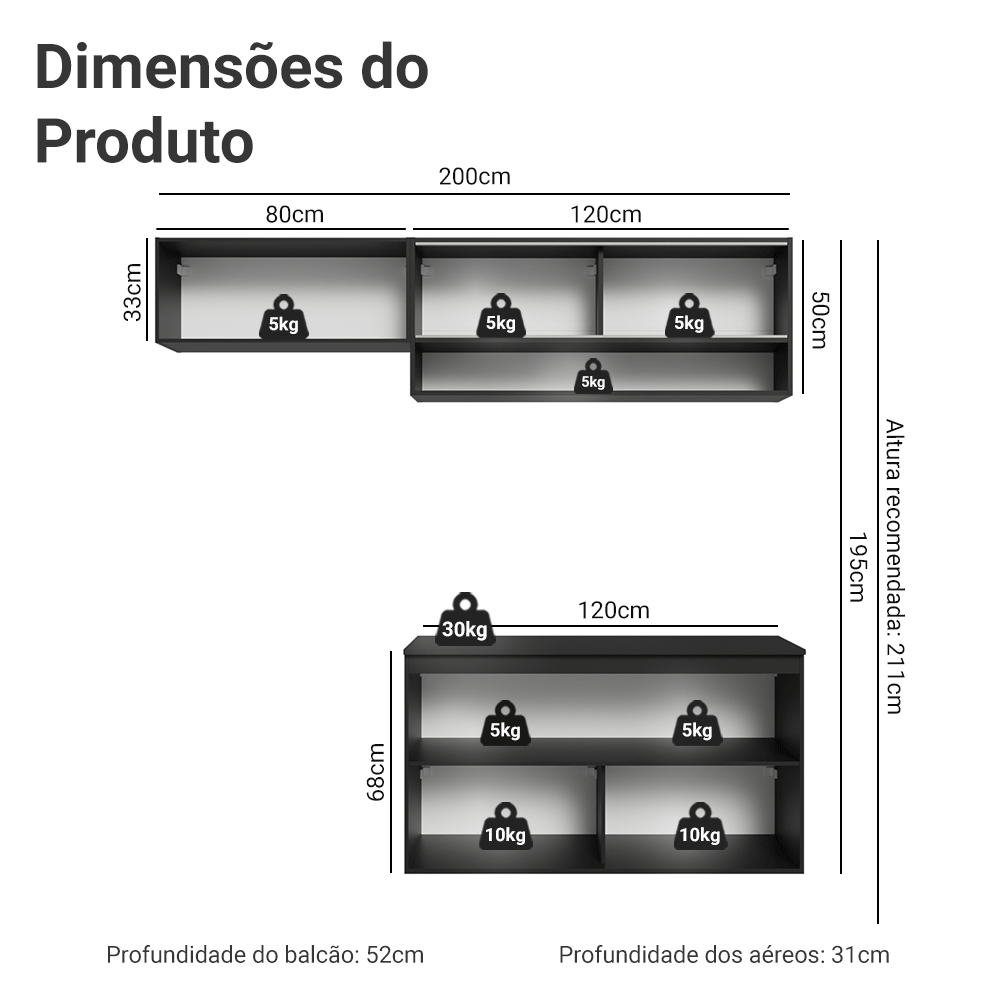Armário de Cozinha Compacta 200 cm Suspenso Preto Nice Madesa 07