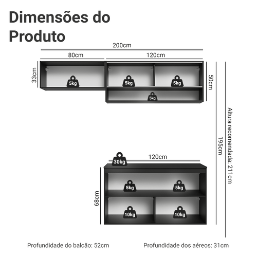 Armário de Cozinha Compacta 200 cm Suspenso Preto Nice Madesa 07