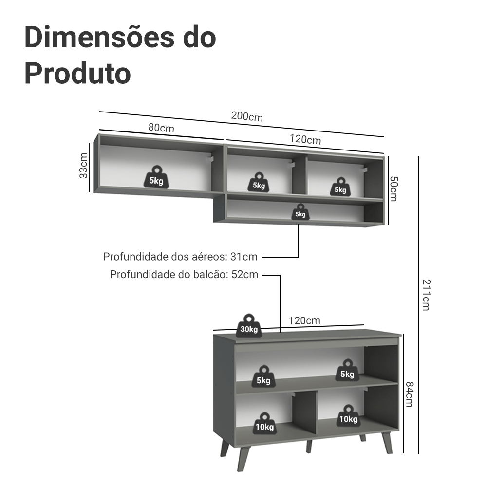 Armário de Cozinha Compacta 200cm Cinza Nice Madesa 10