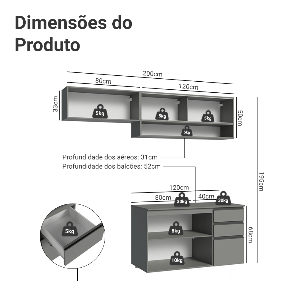 Armário de Cozinha Compacta Suspenso 200cm Cinza Nice Madesa 12