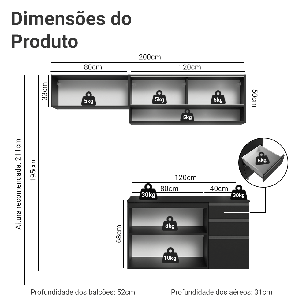 Armário de Cozinha Compacta 200 cm Suspenso Preto Nice Madesa 12