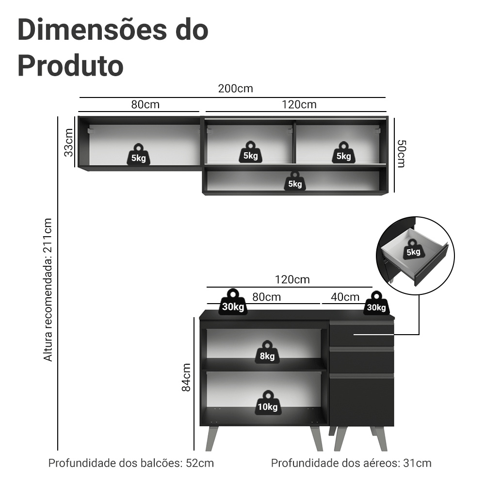 Armário de Cozinha Compacta 200 cm Preto Nice Madesa 14
