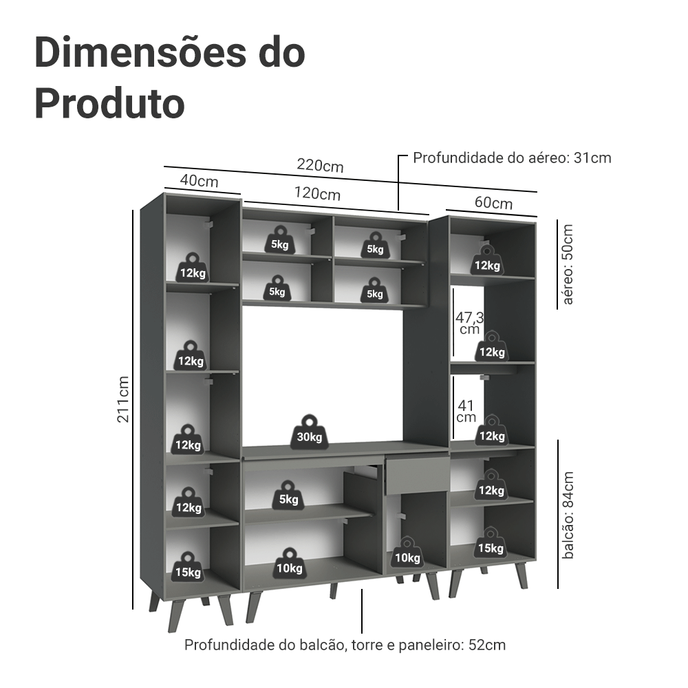 Armário de Cozinha Completa 220cm Cinza Nice Madesa 05