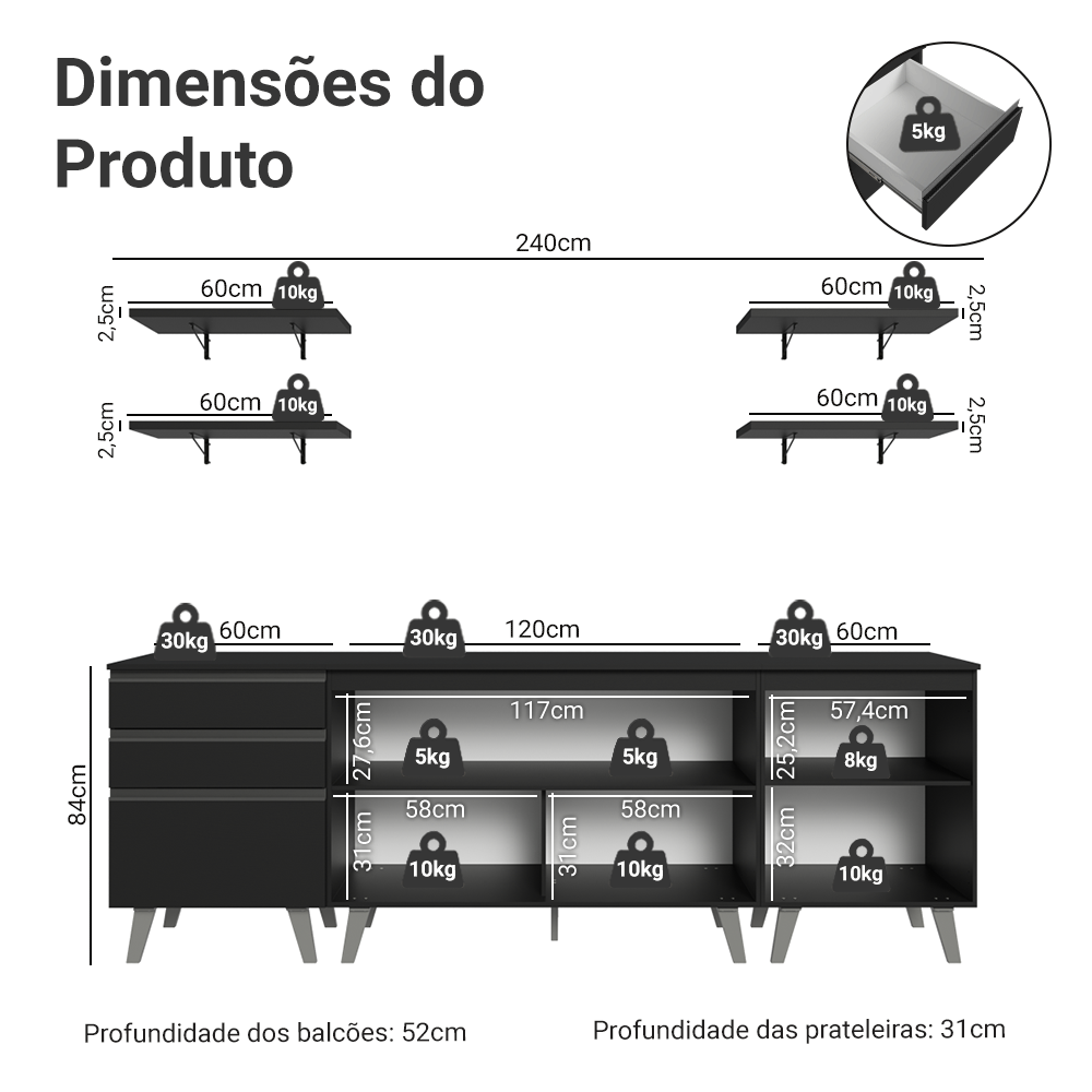 Armário de Cozinha Completa 240 cm Preto Nice Madesa 01