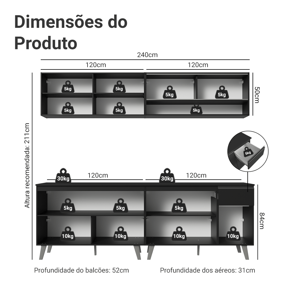 Armário de Cozinha Completa 260 cm Preto Nice Madesa 02