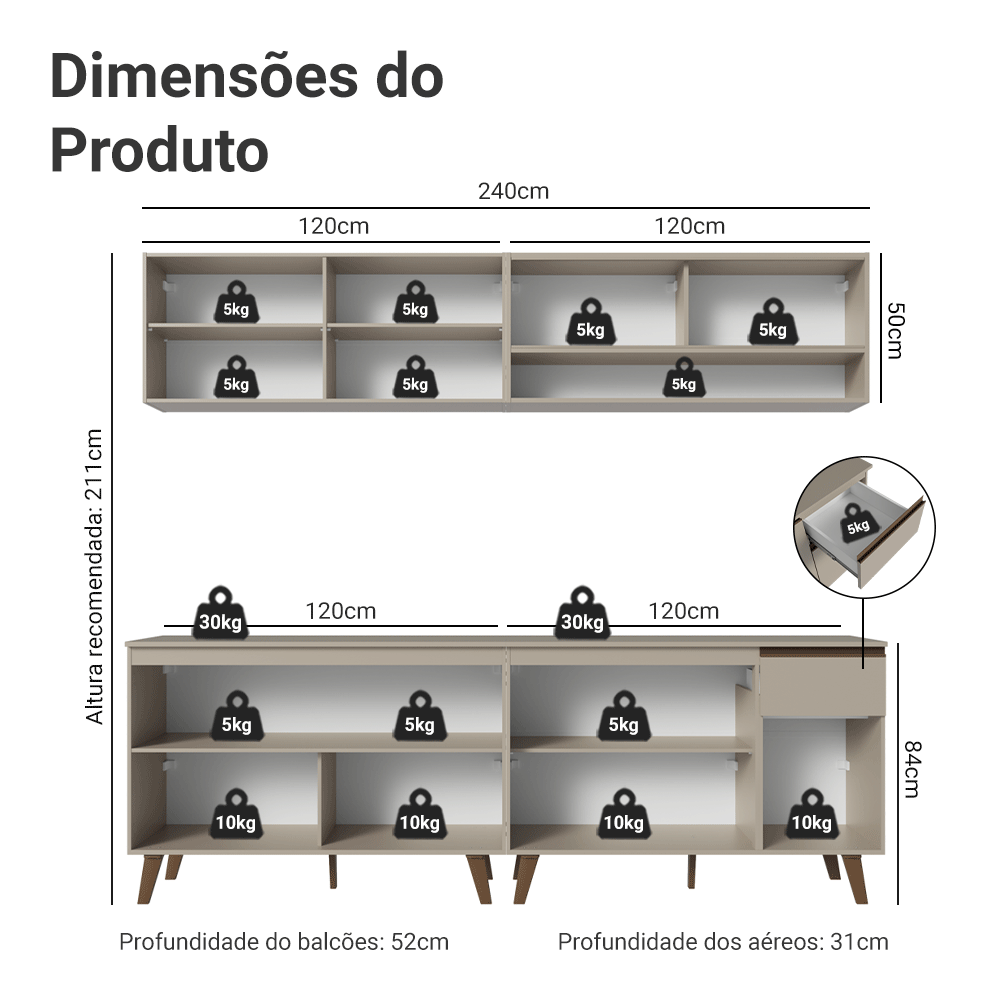 Armário de Cozinha Completa 240 cm Crema Nice Madesa 03