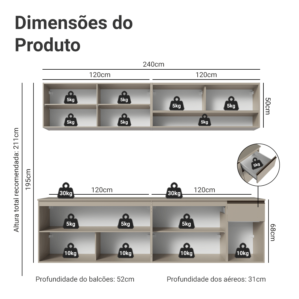 Armário de Cozinha Completa 240 cm Suspenso Crema Nice Madesa 04