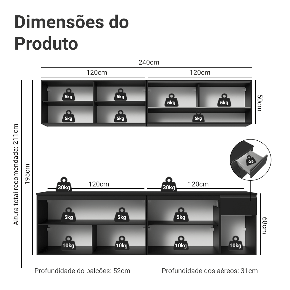 Armário de Cozinha Completa 260 cm Suspenso Preto Nice Madesa 05