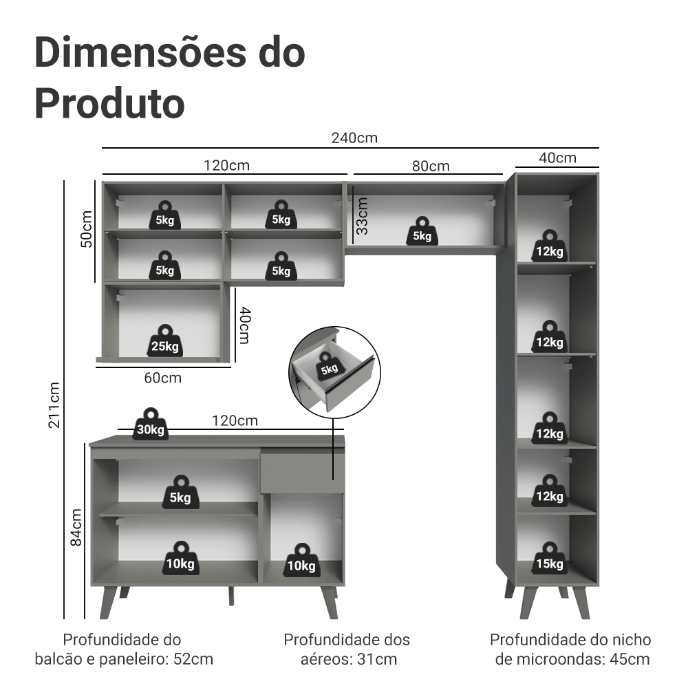 Armário de Cozinha Completa 240 cm Cinza Nice Madesa 08