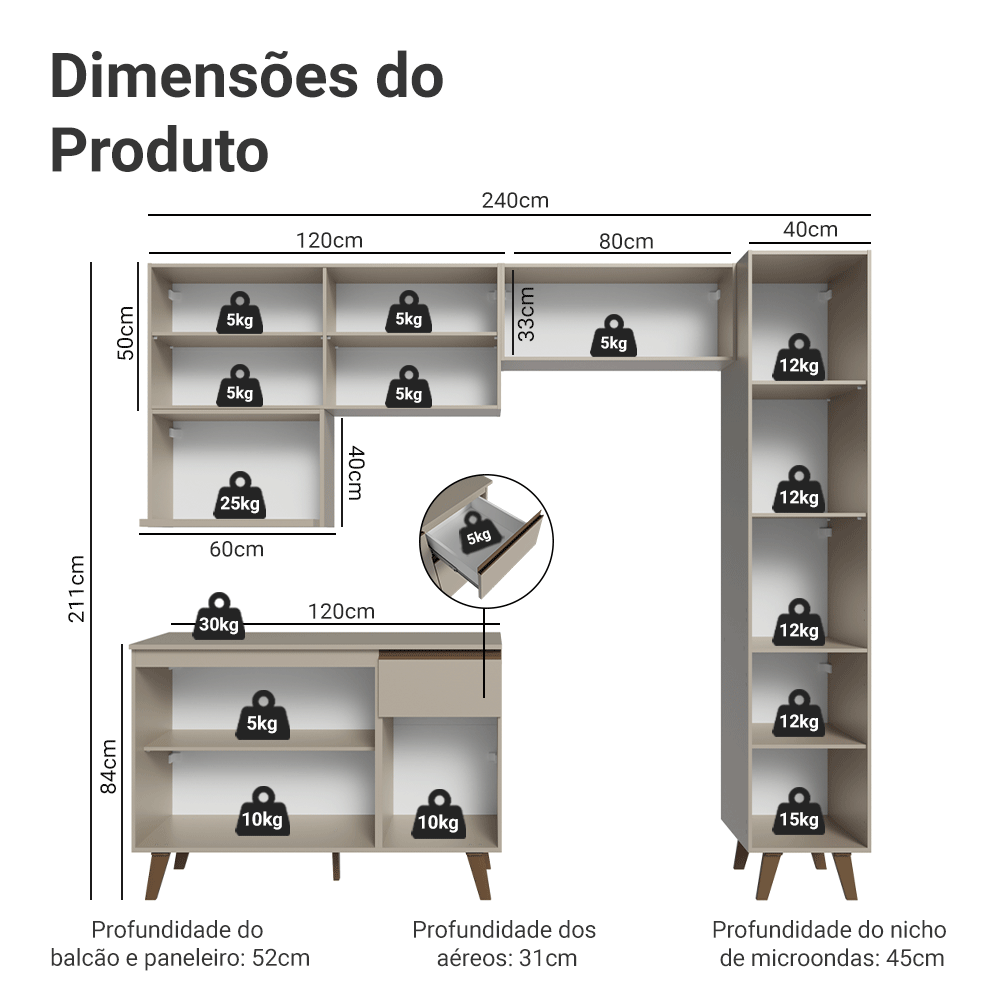 Armário de Cozinha Completa 240 cm Crema Nice Madesa 08